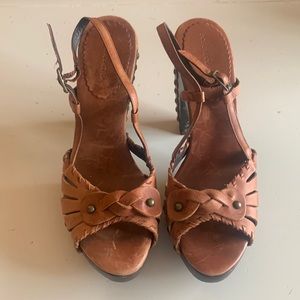 BCBGMAXAZRIA 100% Leather & Wood Platform Heels